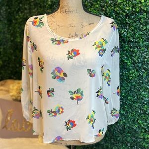 Sheer cream blouse, floral print, “Paper Crane” brand, Small, buttons in back